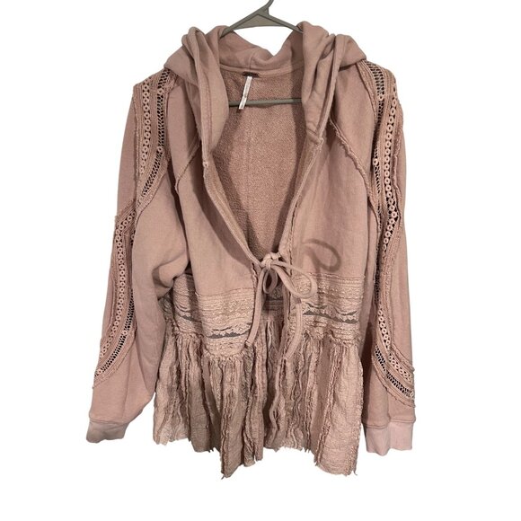 Free People Pink Hooded Candy Lace-Trim Cardigan Womens Large Boho Style - Picture 1 of 11